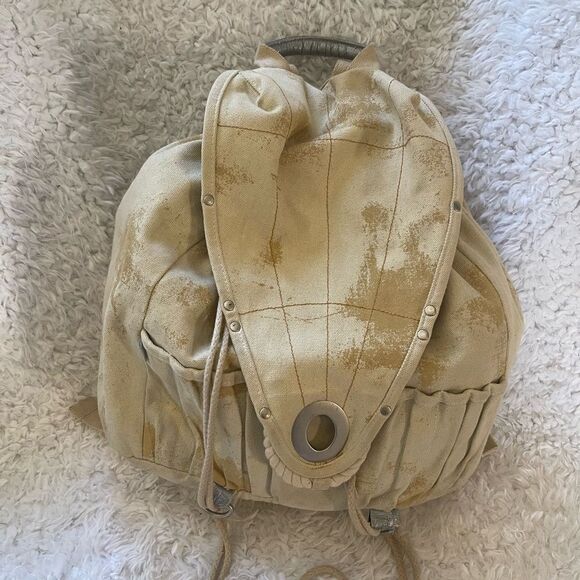 Vintage large canvas & Khaki camel large Backpack silver tone studs & hardwares - Picture 10 of 16